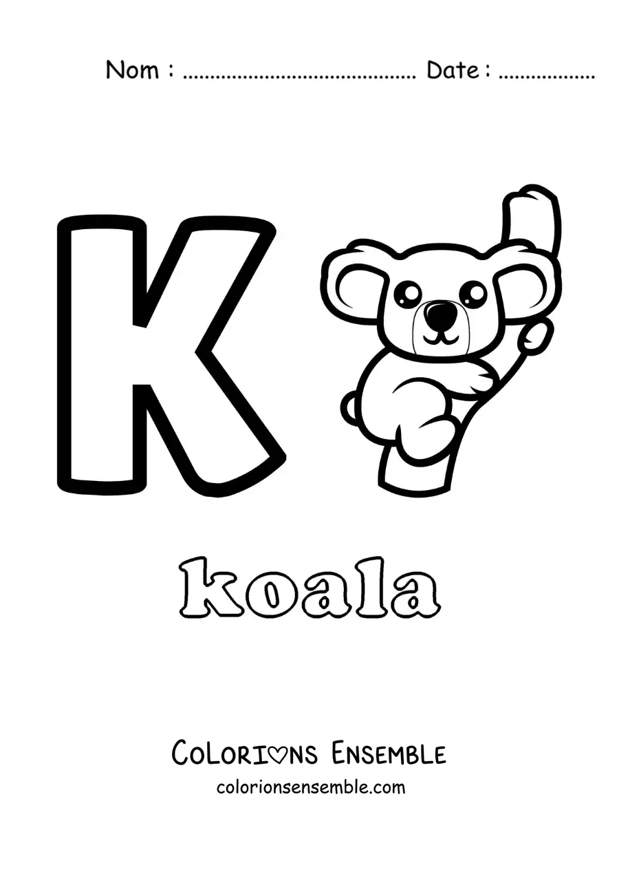 Image a colorier de la lettre K comme koala