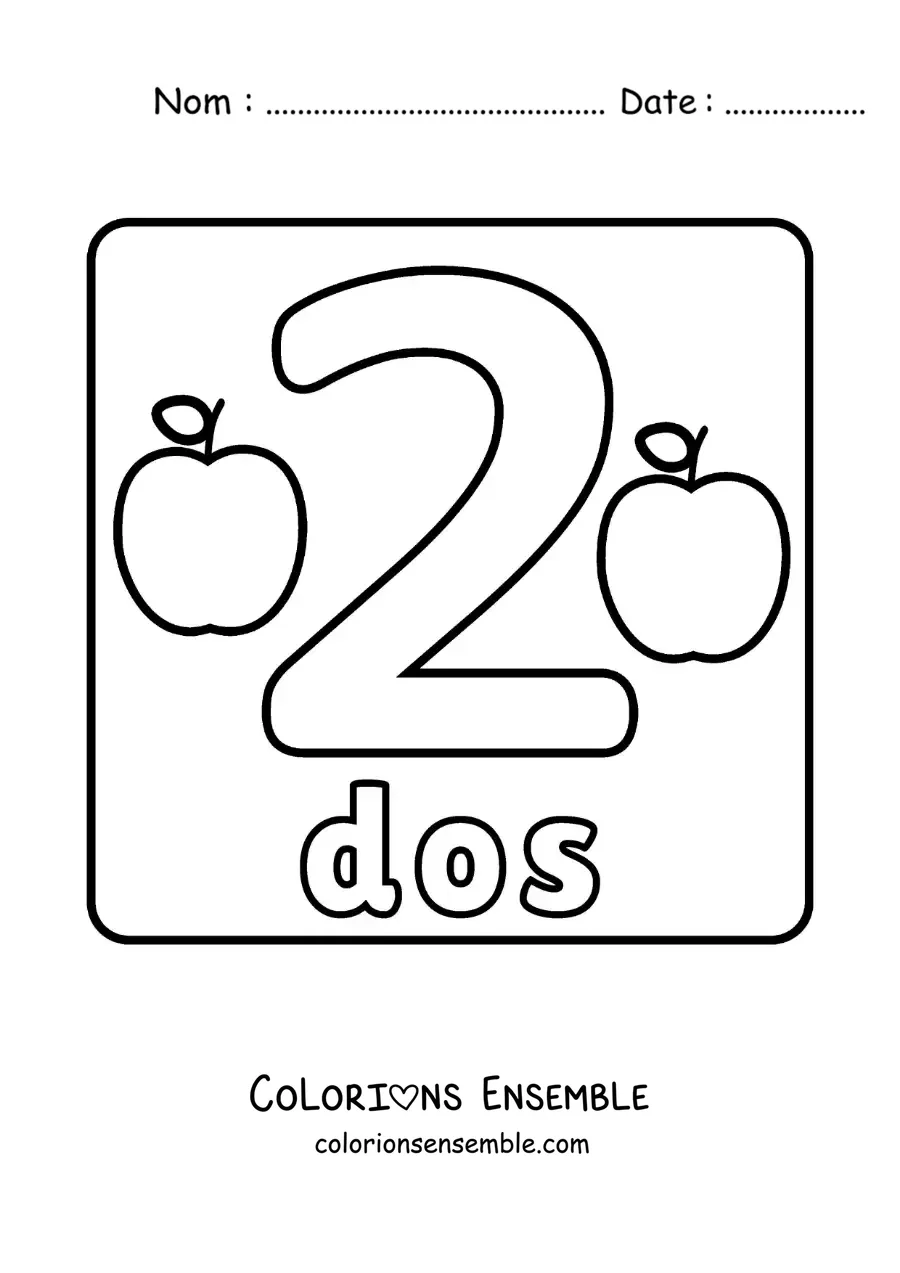 Image a colorier d’une fiche du grand chiffre 2 pour les enfants