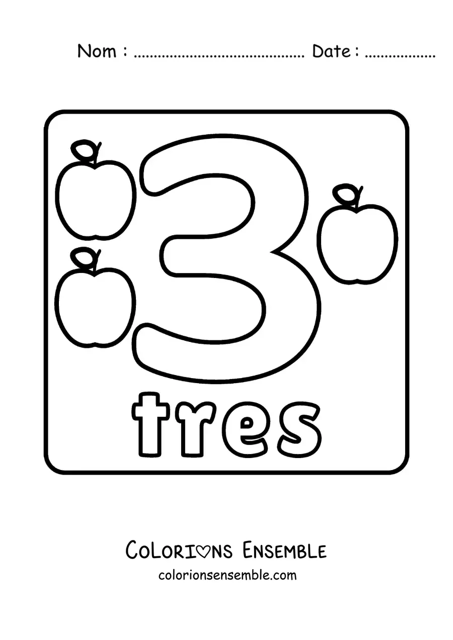 Image a colorier d’une fiche du grand chiffre 3 pour les enfants
