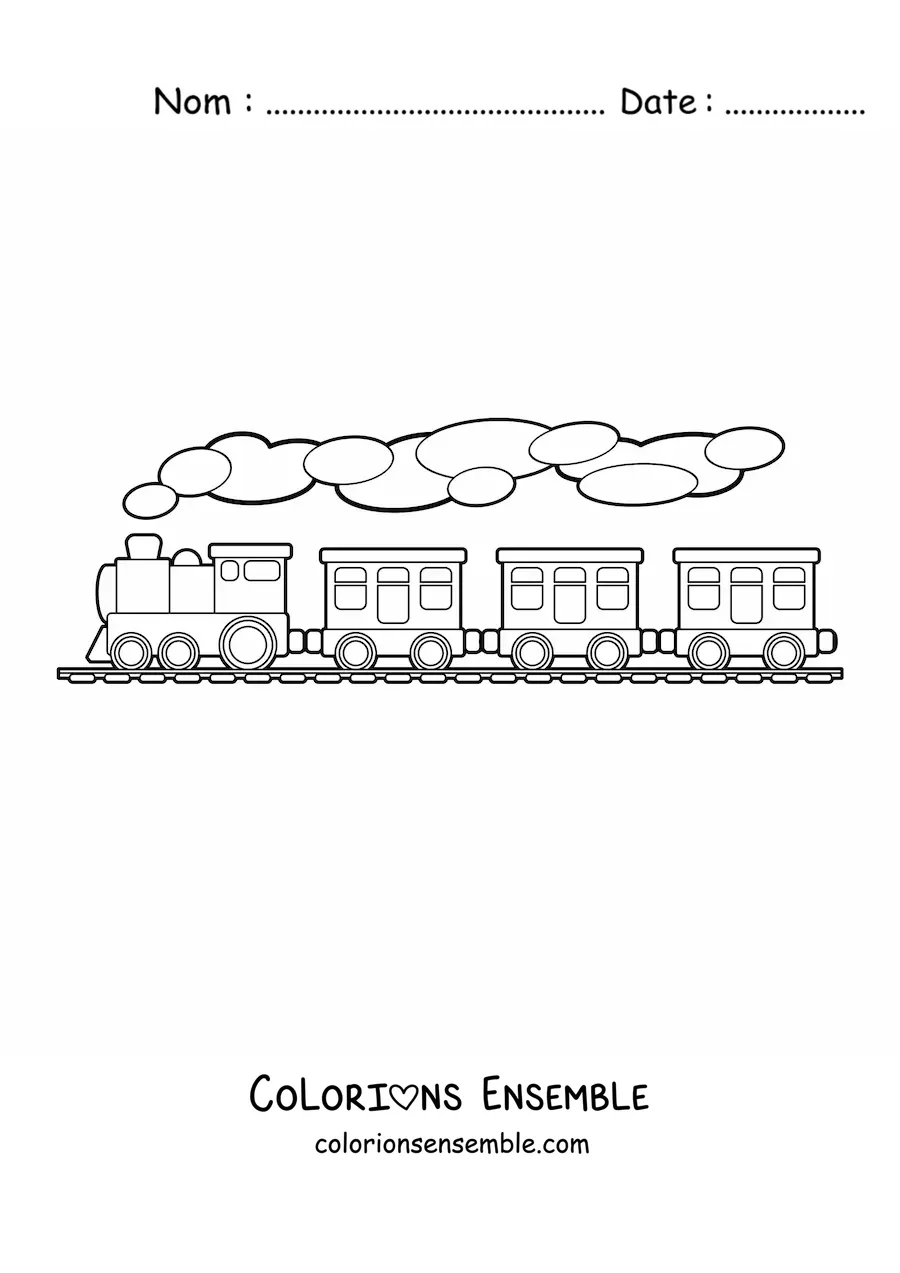 Image à colorier d'un train à vapeur avec trois wagons sur les rails