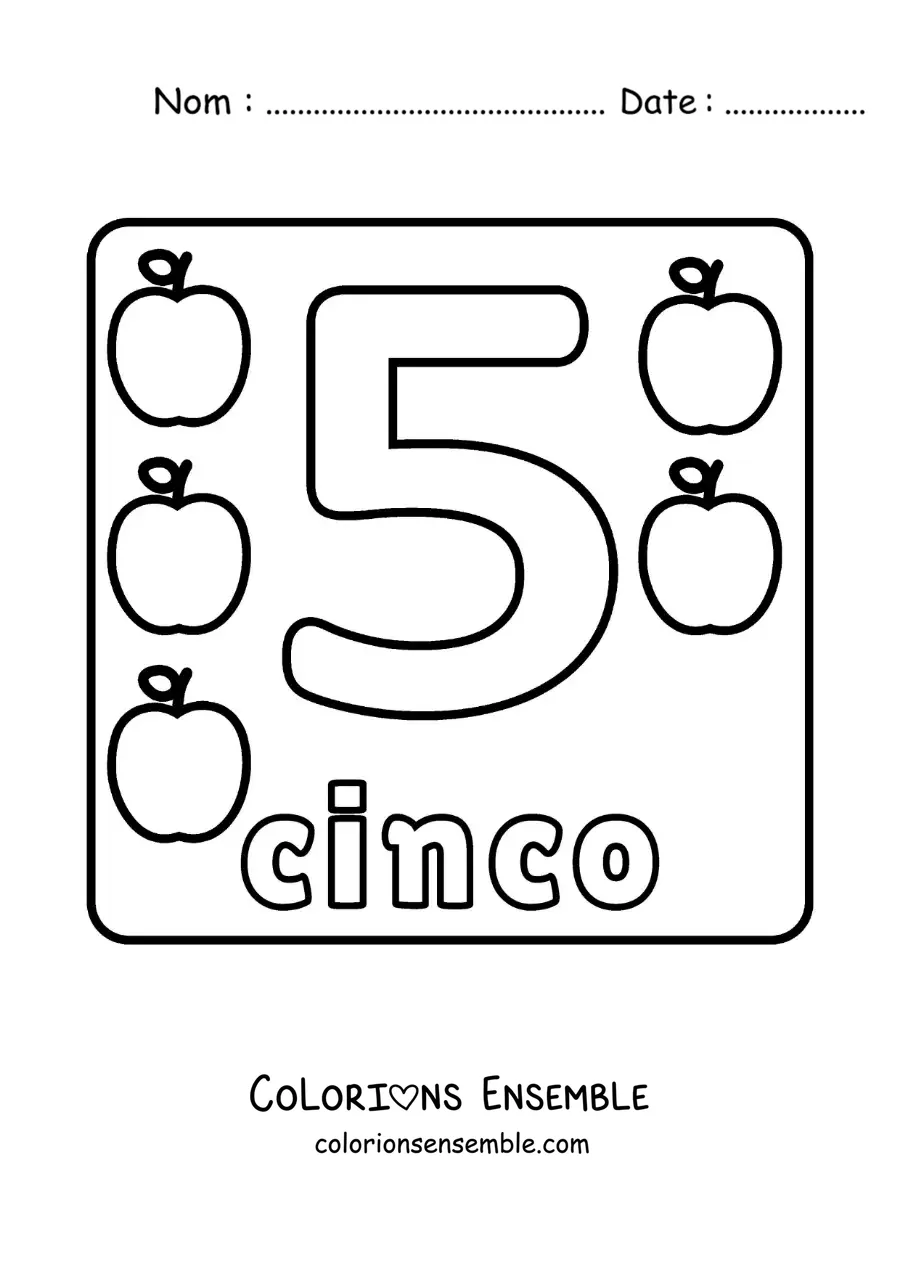Image a colorier d’une fiche du grand chiffre 5 pour les enfants