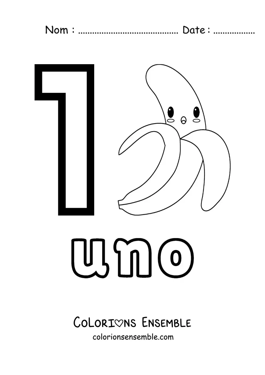 Image a colorier d’une carte du chiffre 1 pour apprendre a compter avec des fruits