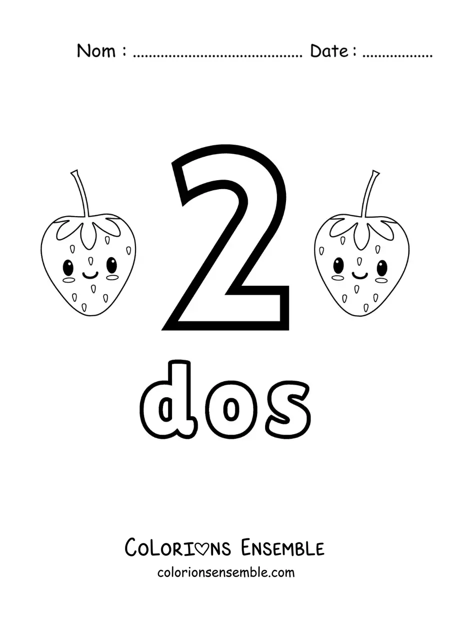 Image a colorier d’une carte du chiffre 2 pour apprendre a compter avec des fruits