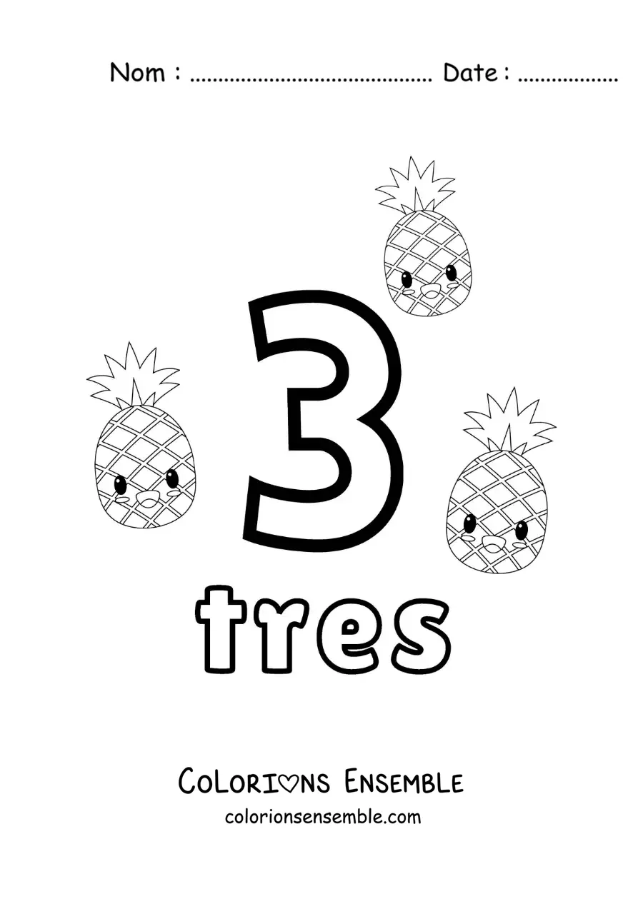 Image a colorier d’une carte du chiffre 3 pour apprendre a compter avec des fruits