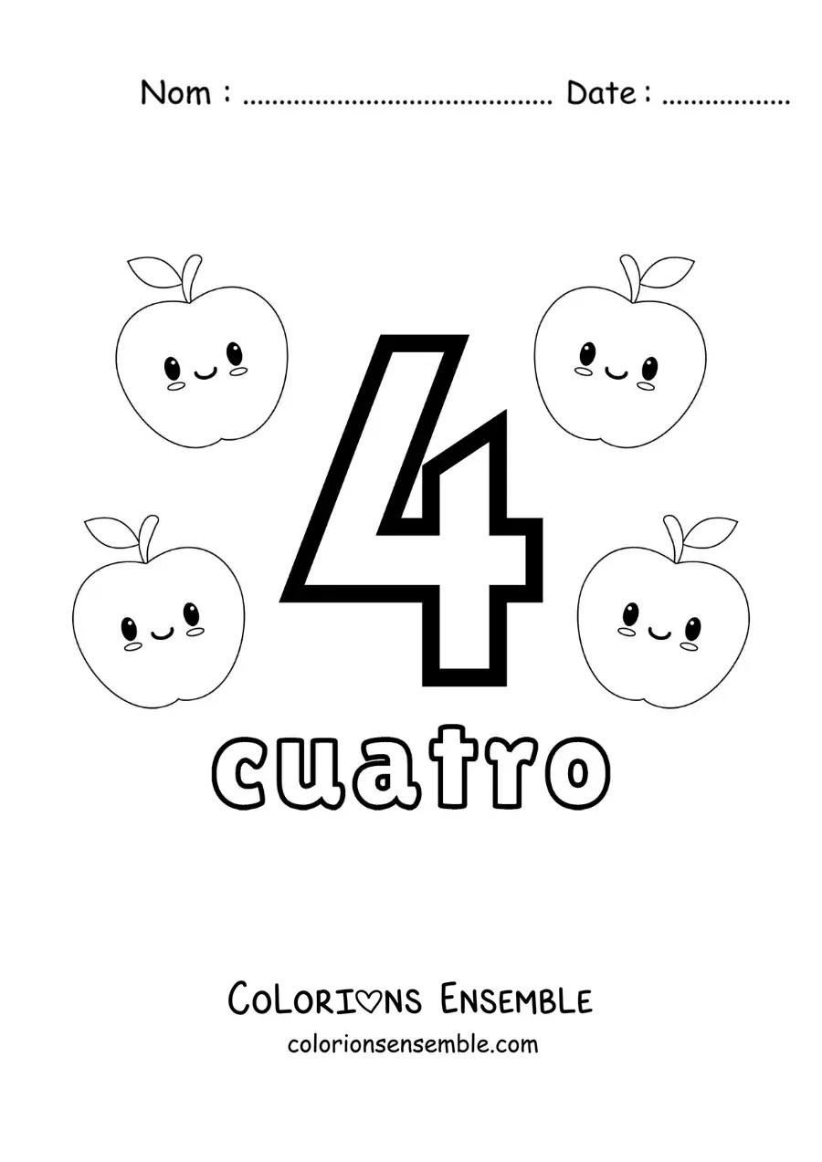 Image a colorier d’une carte du chiffre 4 pour apprendre a compter avec des fruits