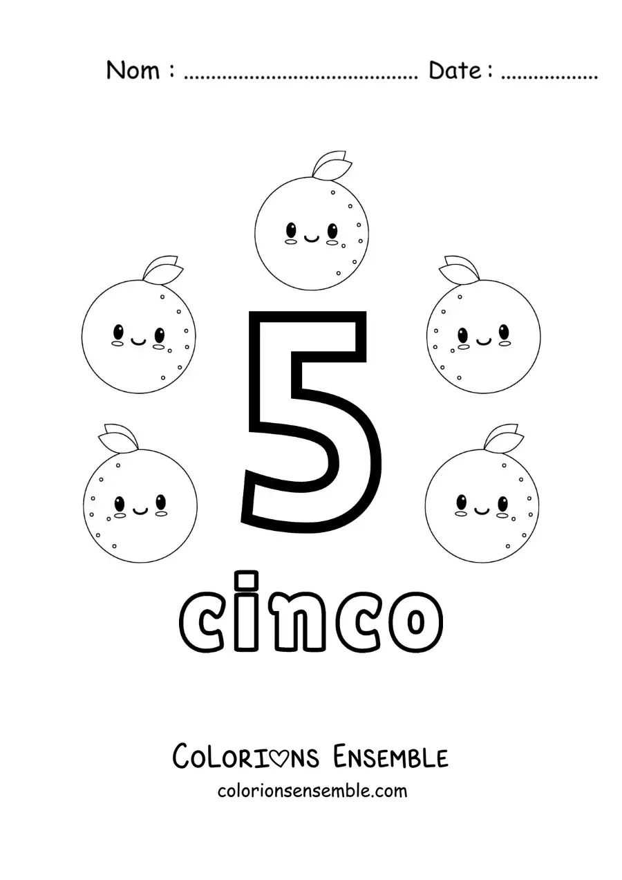 Image a colorier d’une carte du chiffre 5 pour apprendre a compter avec des fruits