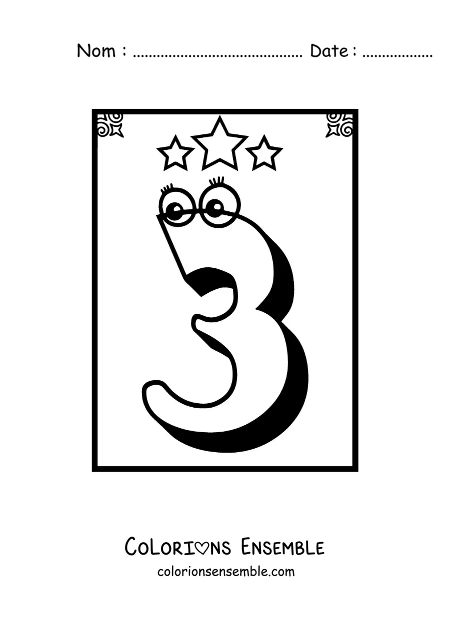 Image a colorier d’une fiche du chiffre 3 anime pour apprendre a compter