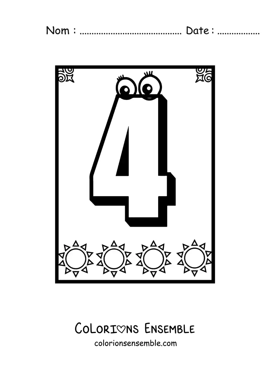Image a colorier d’une fiche du chiffre 4 anime pour apprendre a compter