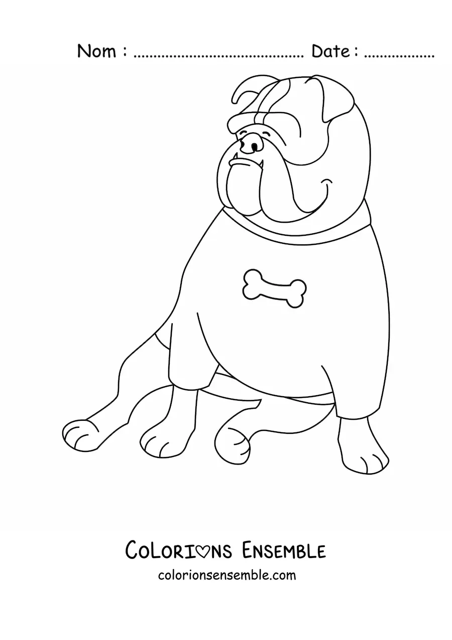 Image à colorier d’un bouledogue assis portant une chemise avec un os imprimé