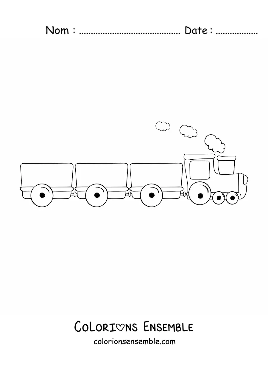 Image à colorier d'un train à vapeur avec trois wagons
