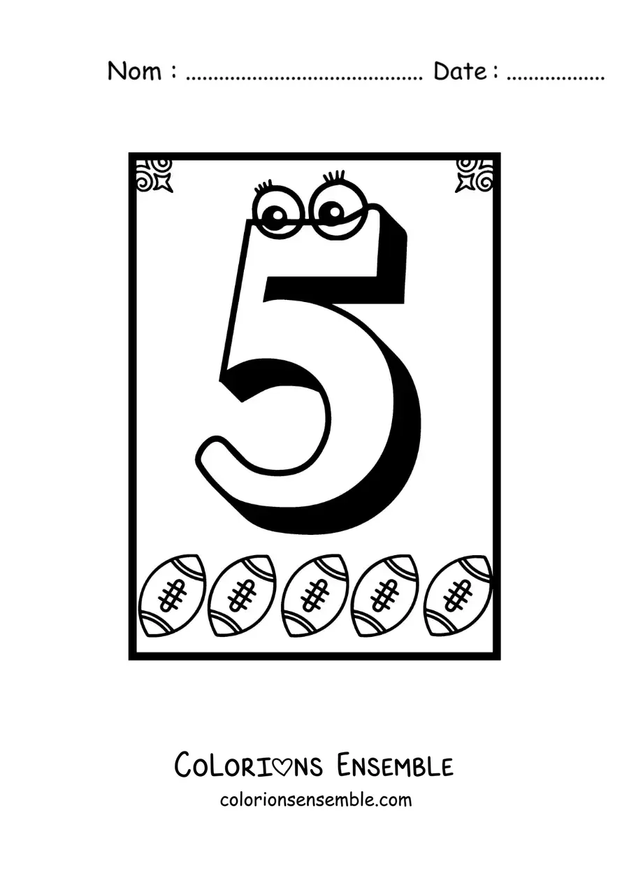 Image a colorier d’une fiche du chiffre 5 anime pour apprendre a compter