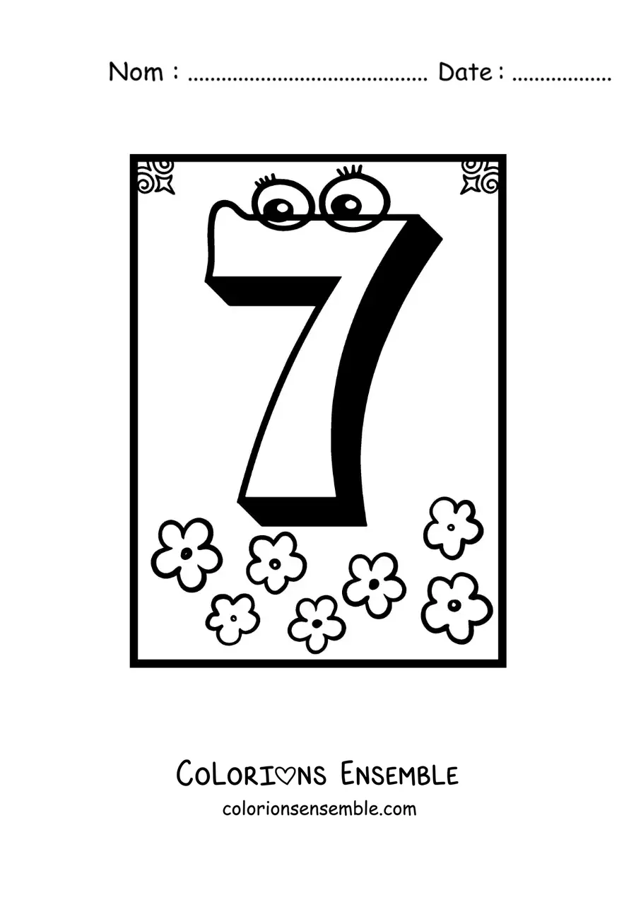 Image a colorier d’une fiche du chiffre 7 anime pour apprendre a compter