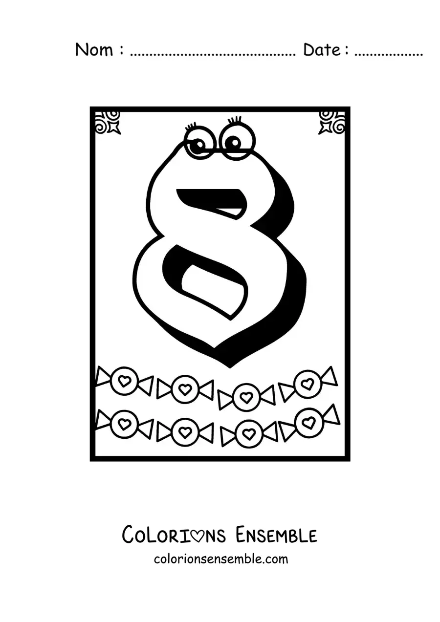 Image a colorier d’une fiche du chiffre 8 anime pour apprendre a compter