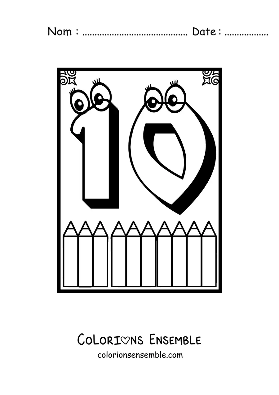 Image a colorier d’une fiche du chiffre 10 anime pour apprendre a compter