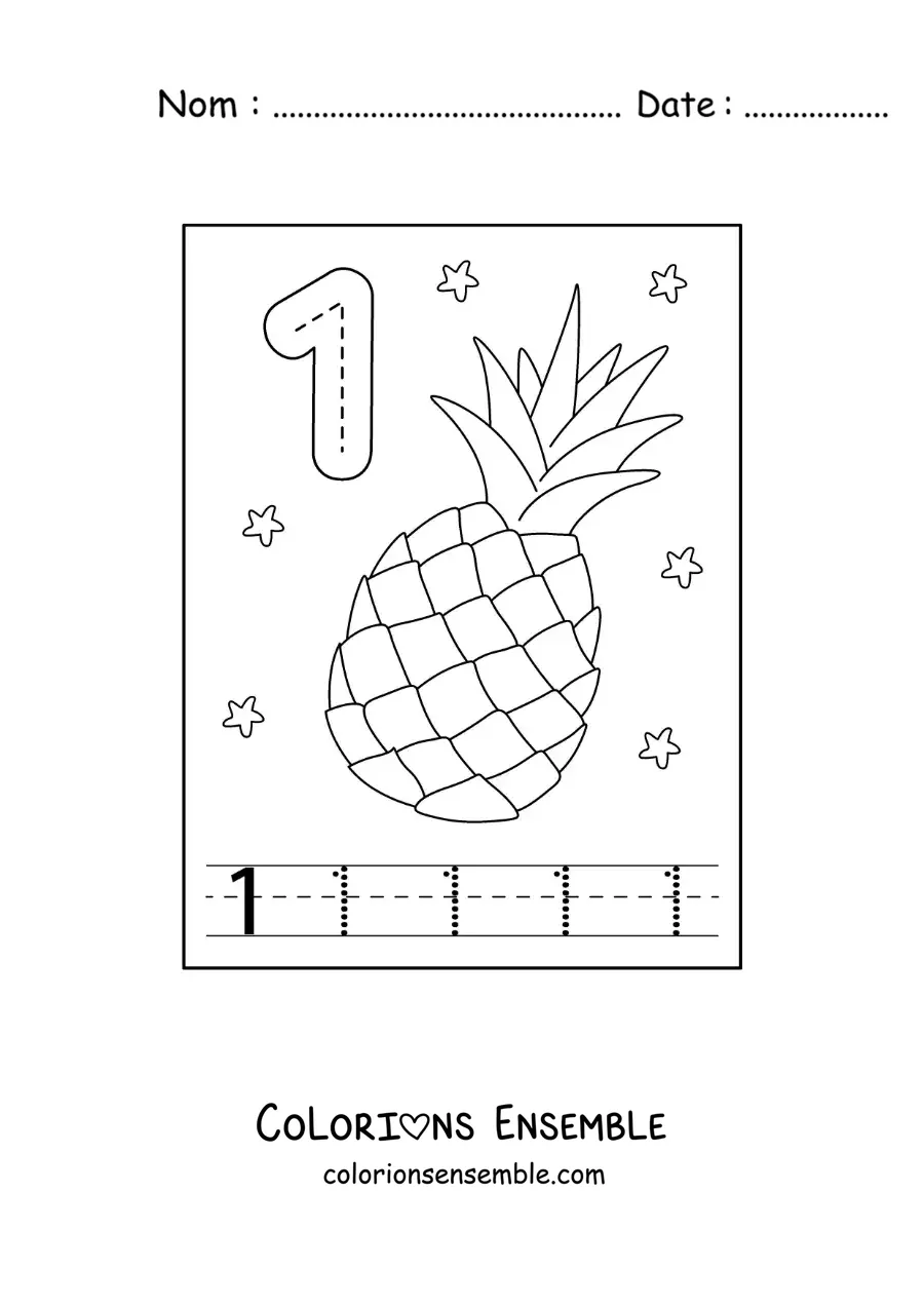 Image a colorier d’une carte pour apprendre a tracer le chiffre 1 et compter avec des fruits