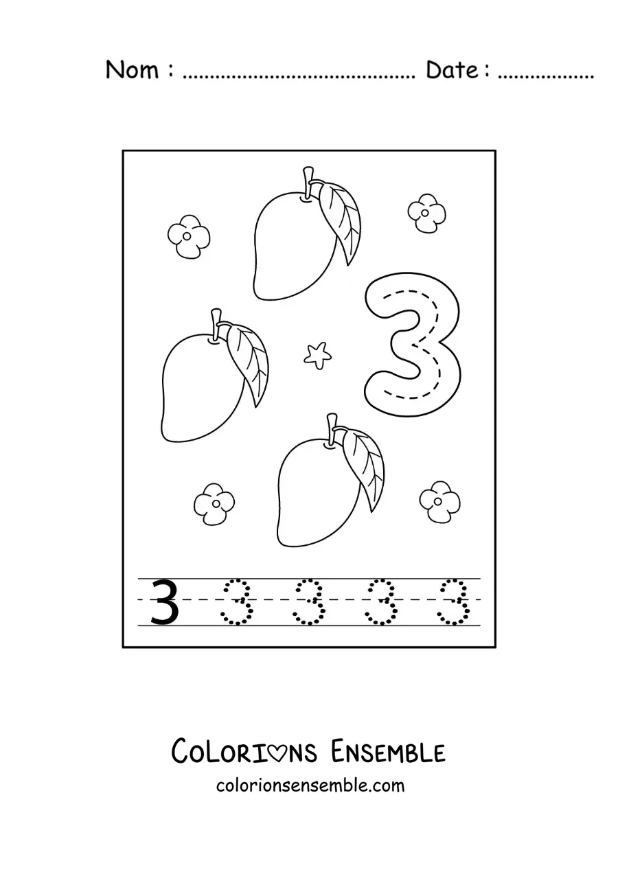 Image a colorier d’une carte pour apprendre a tracer le chiffre 3 et compter avec des fruits