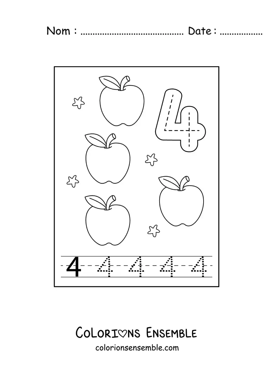 Image a colorier d’une carte pour apprendre a tracer le chiffre 4 et compter avec des fruits