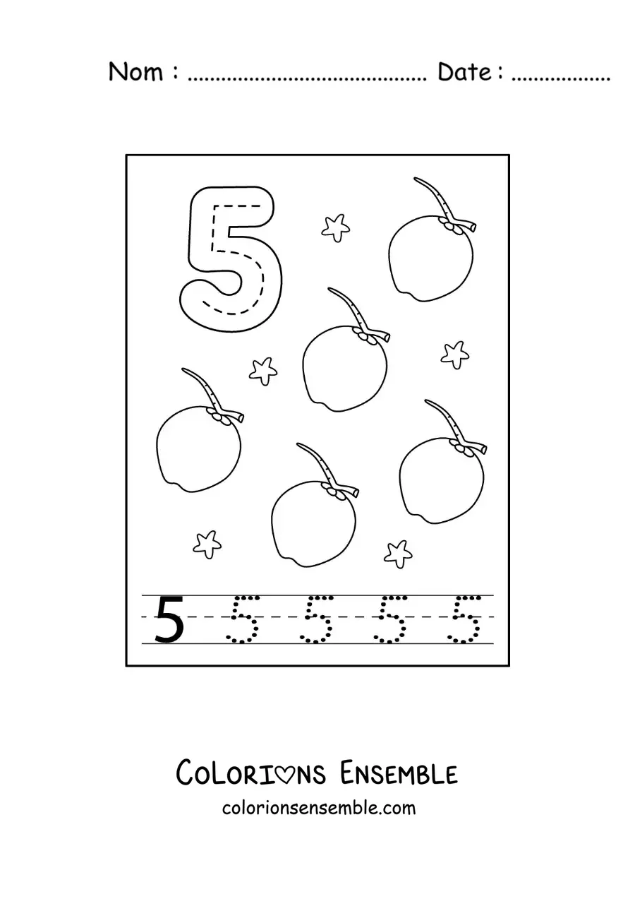 Image a colorier d’une carte pour apprendre a tracer le chiffre 5 et compter avec des fruits
