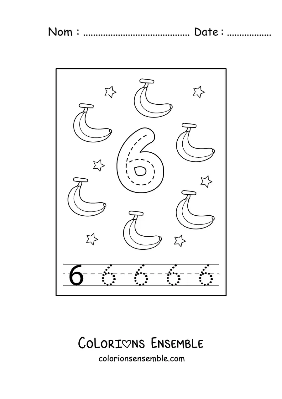 Image a colorier d’une carte pour apprendre a tracer le chiffre 6 et compter avec des fruits