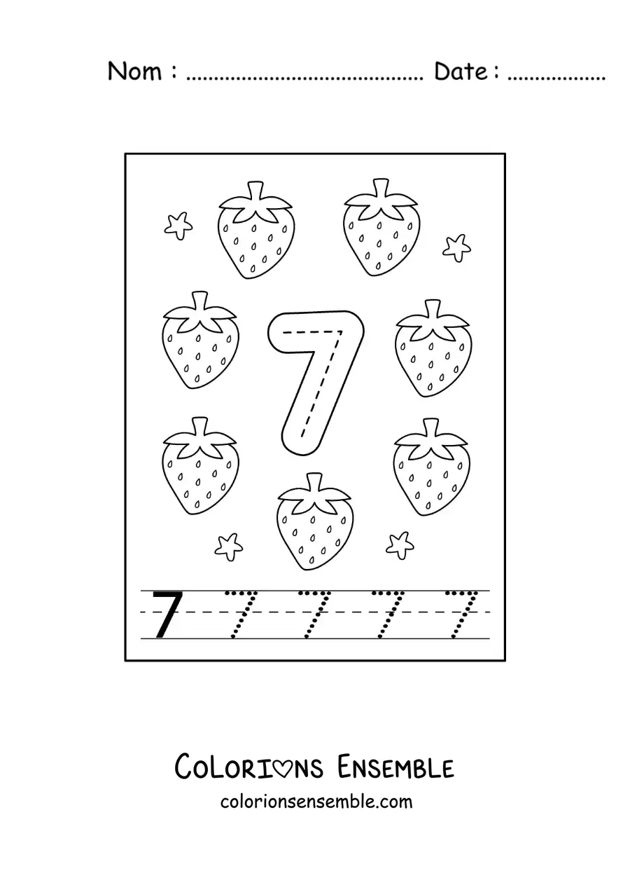 Image a colorier d’une carte pour apprendre a tracer le chiffre 7 et compter avec des fruits