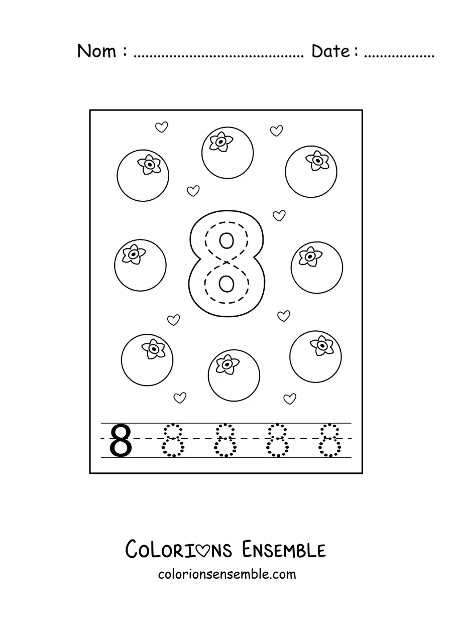 Image a colorier d’une carte pour apprendre a tracer le chiffre 8 et compter avec des fruits