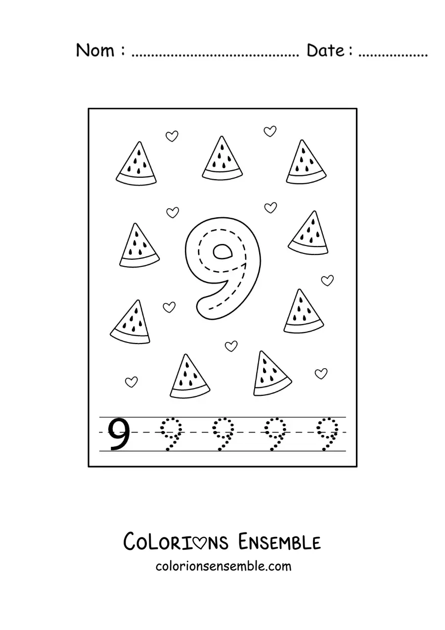 Image a colorier d’une carte pour apprendre a tracer le chiffre 9 et compter avec des fruits