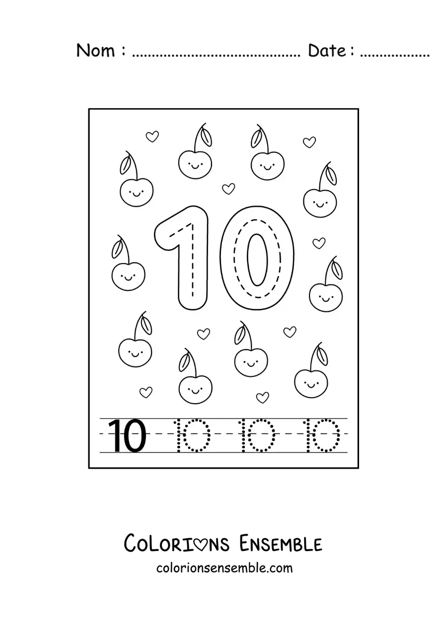 Image a colorier d’une carte pour apprendre a tracer le chiffre 10 et compter avec des fruits