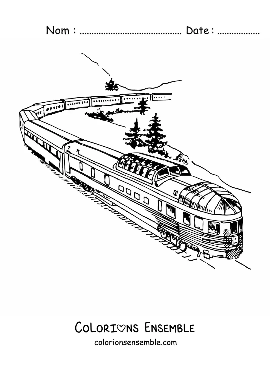 Image à colorier d'un train moderne sur des voies, à la campagne
