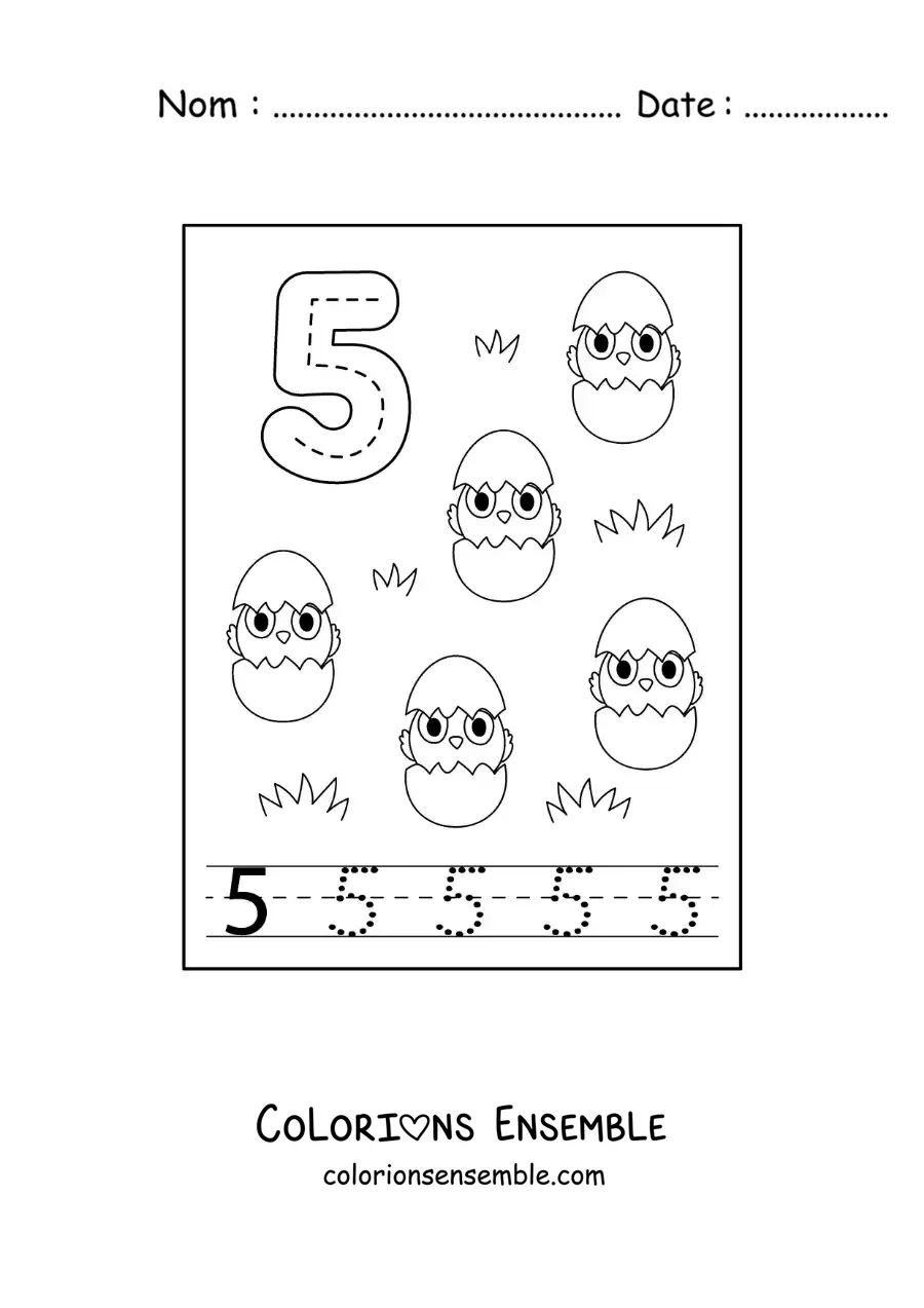 Image a colorier d’une activite pour tracer le chiffre 5 et compter avec des dessins animes
