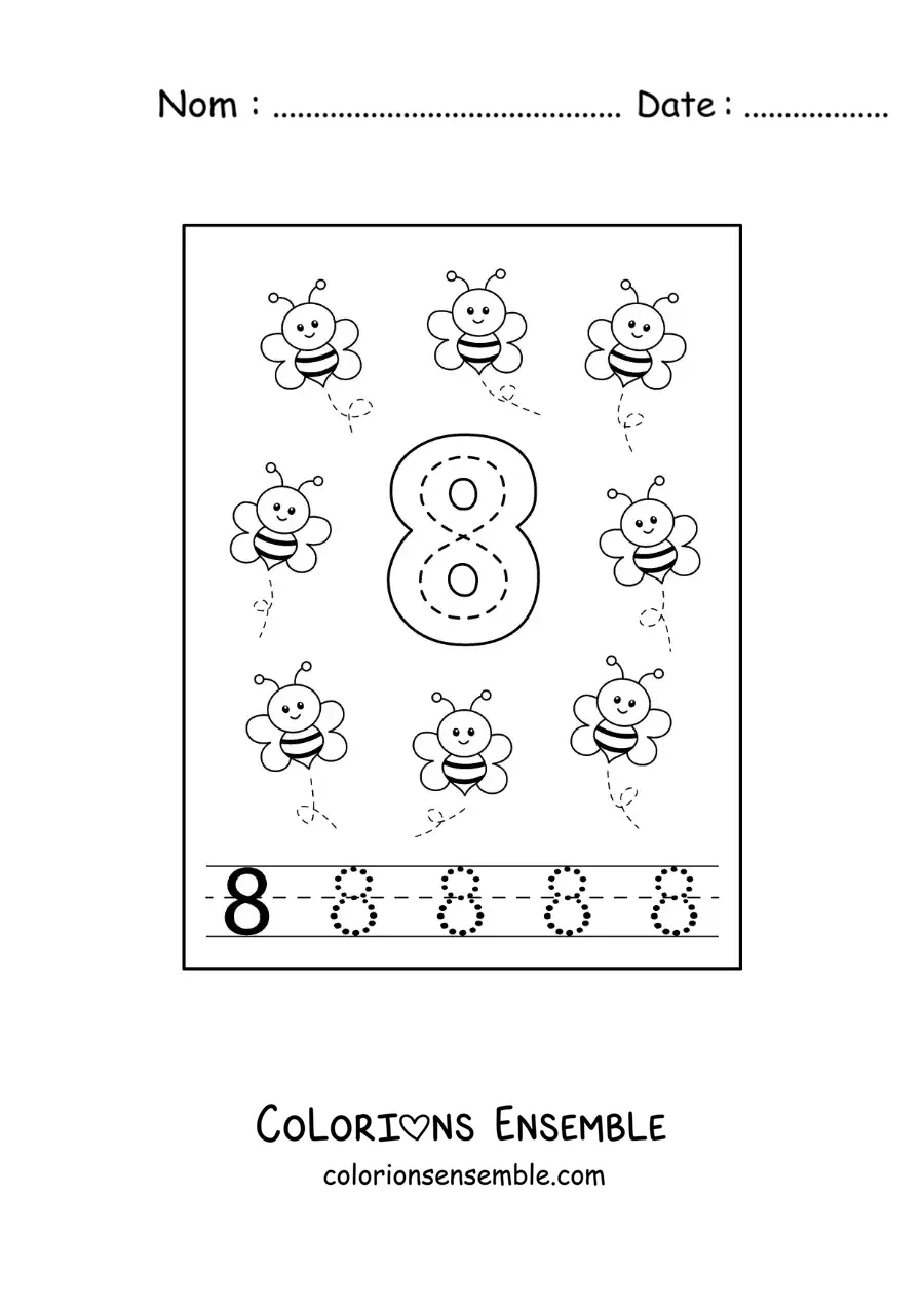 Image a colorier d’une activite pour tracer le chiffre 8 et compter avec des dessins animes