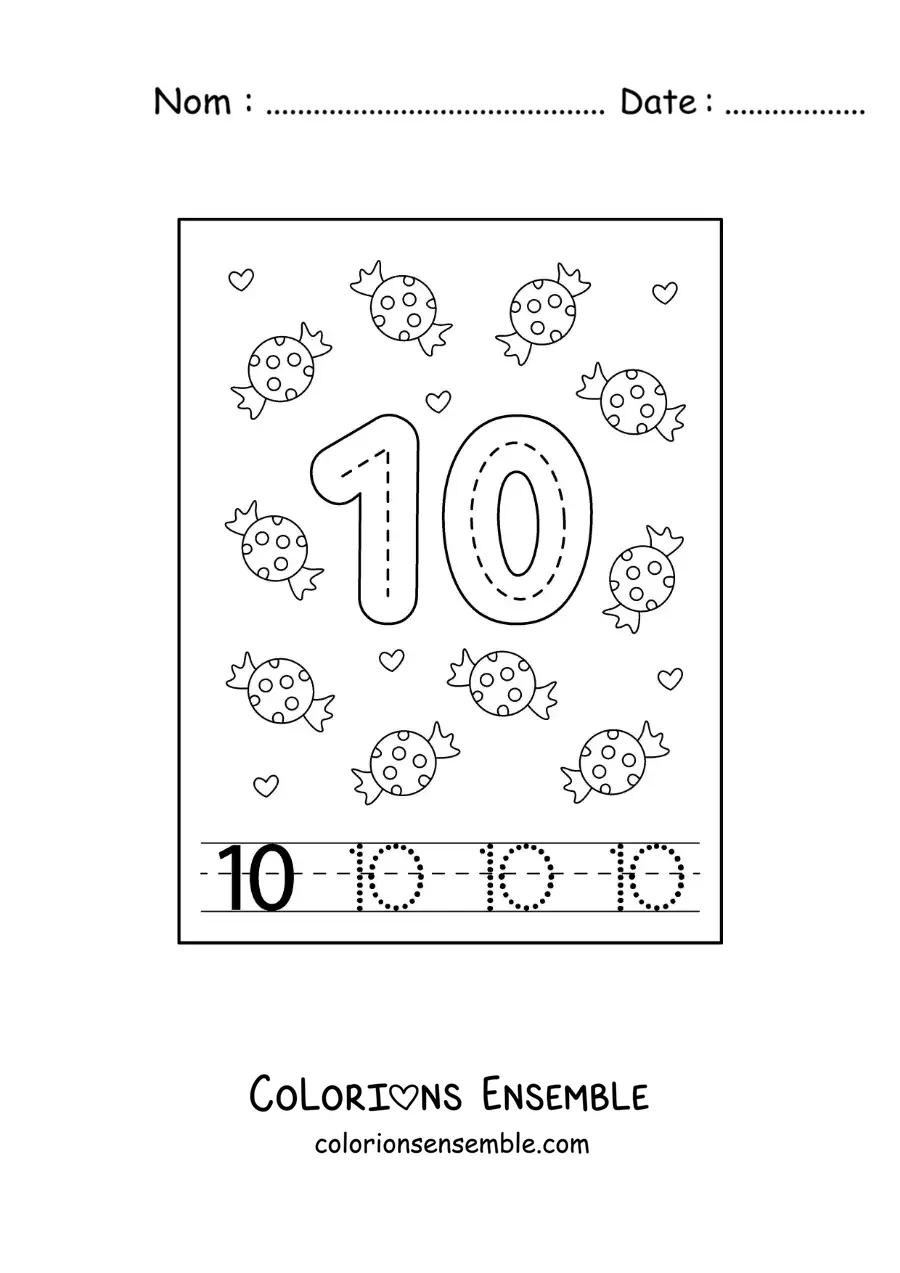 Image a colorier d’une activite pour tracer le chiffre 10 et compter avec des dessins animes