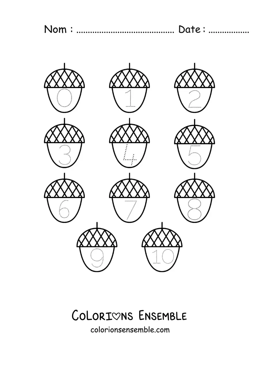 Image a colorier d’une activite pour tracer les chiffres de 1 a 10 avec des glands