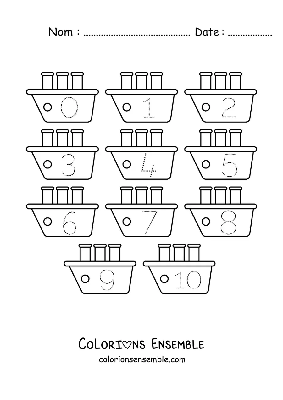 Image a colorier d’une activite pour tracer les chiffres de 1 a 10 avec des bateaux