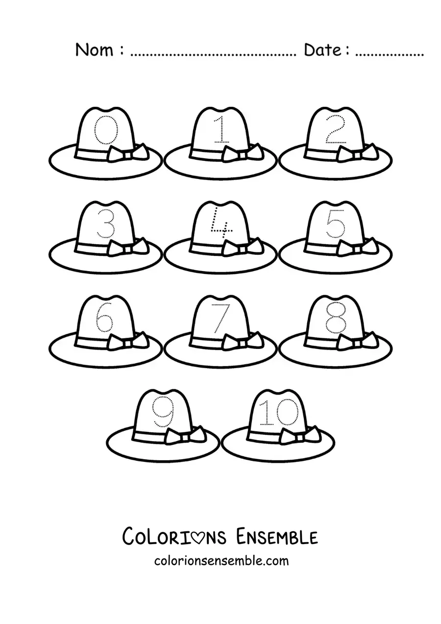 Image a colorier d’une activite pour tracer les chiffres de 1 a 10 avec des chapeaux
