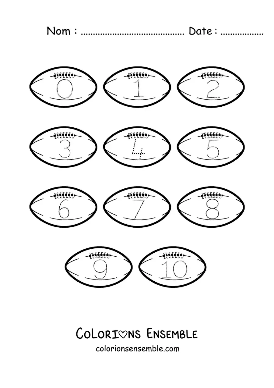 Image a colorier d’une activite pour tracer les chiffres de 1 a 10 avec des ballons