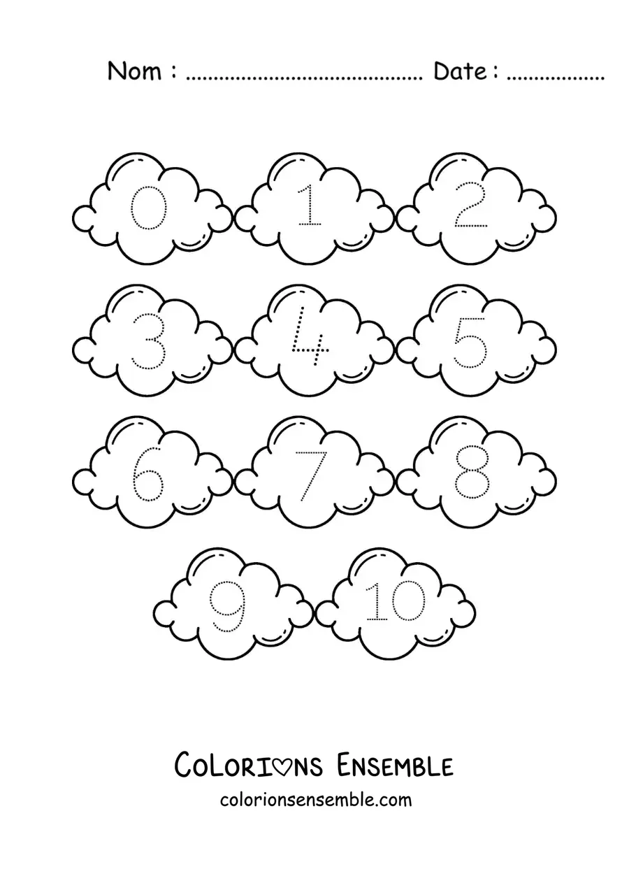 Image a colorier d’une activite pour tracer les chiffres de 1 a 10 avec des nuages