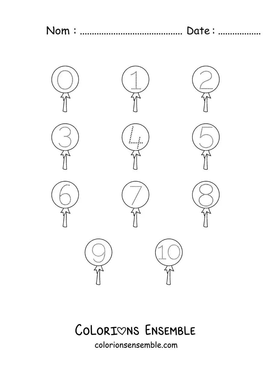 Image a colorier d’une activite pour tracer les chiffres de 1 a 10 avec des bonbons