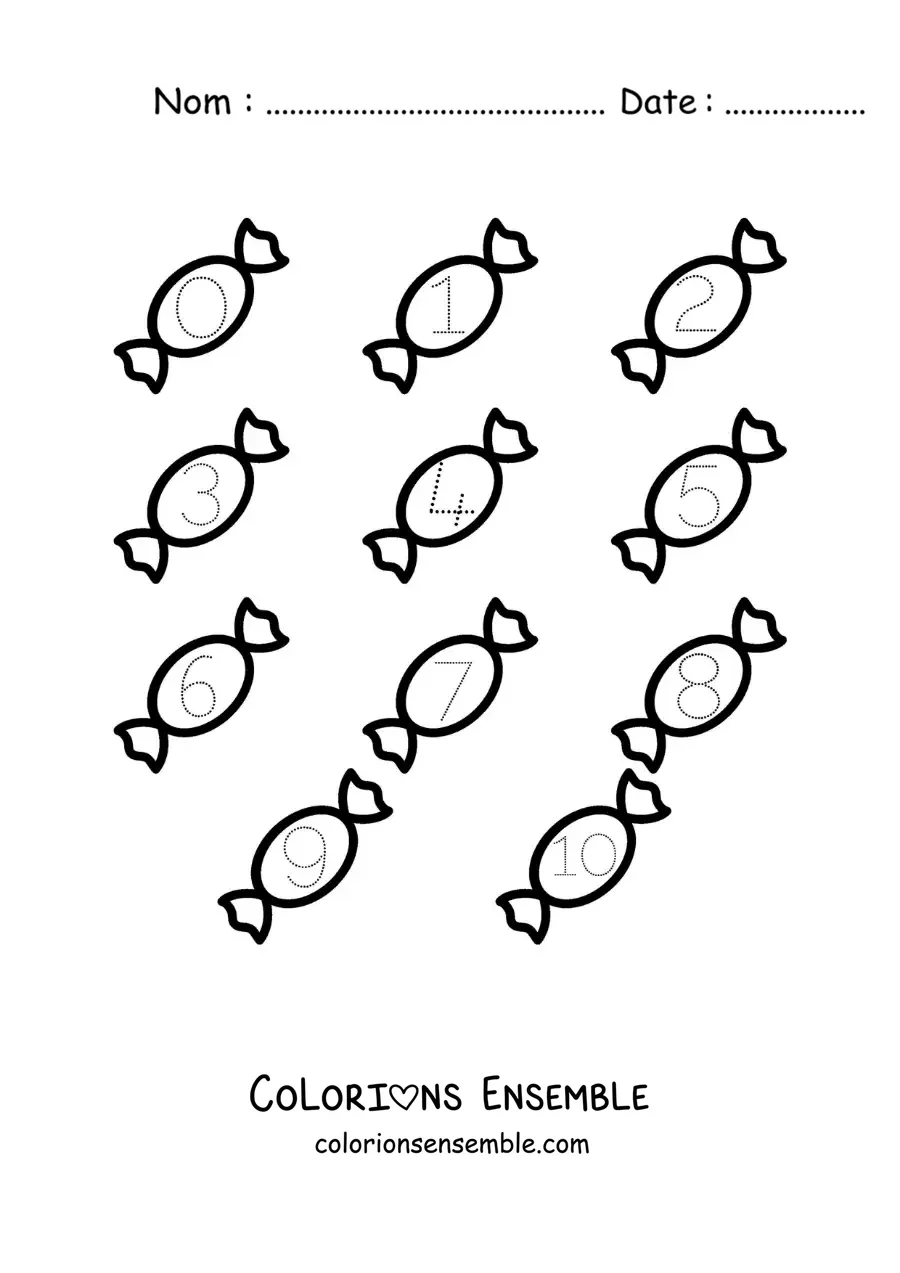 Image a colorier d’une activite pour tracer les chiffres de 1 a 10 avec des friandises
