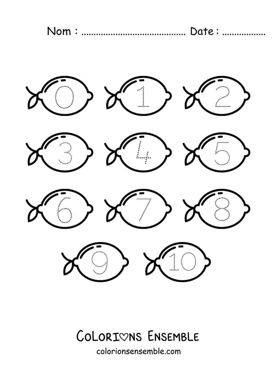 Image a colorier d’une activite pour tracer les chiffres de 1 a 10 avec des citrons