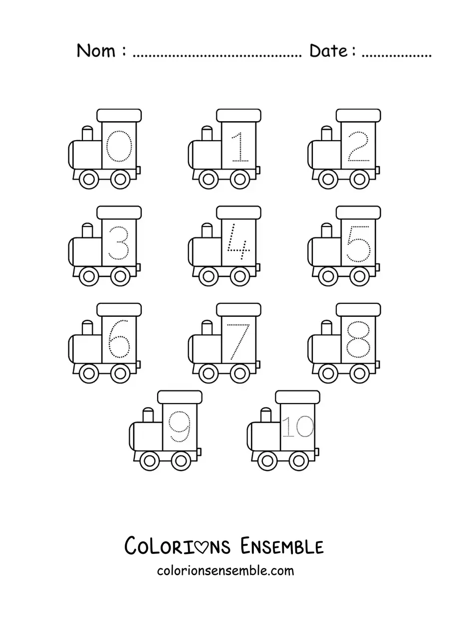 Image a colorier d’une activite pour tracer les chiffres de 1 a 10 avec des trains