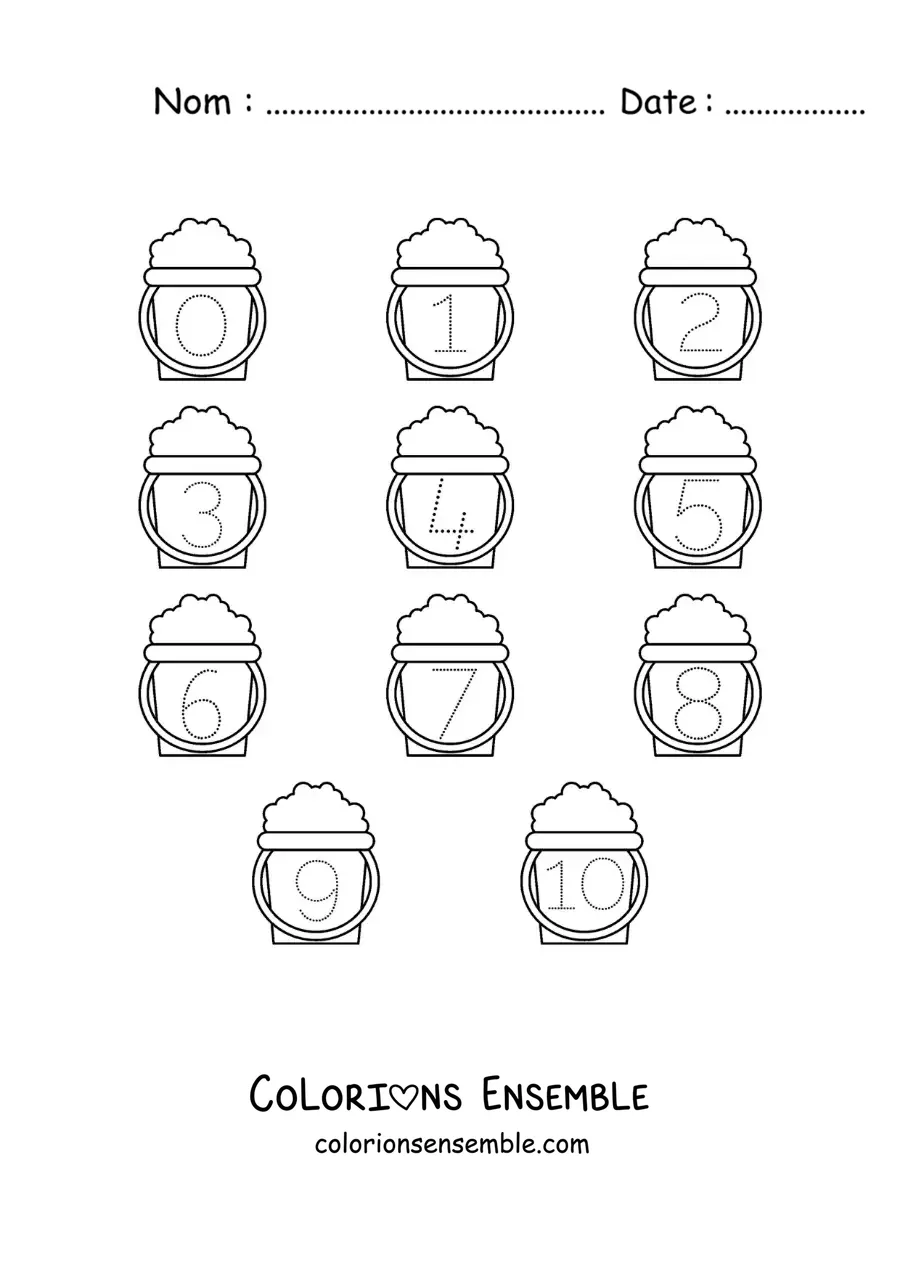 Image a colorier d’une activite pour tracer les chiffres de 1 a 10 avec des seaux de sable