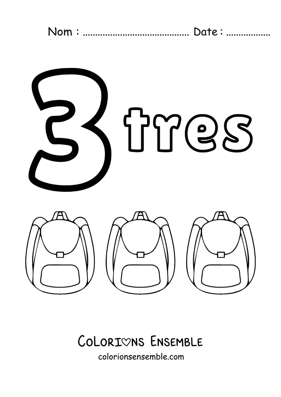 Image a colorier d’une fiche du chiffre 3 pour apprendre a compter avec des dessins amusants