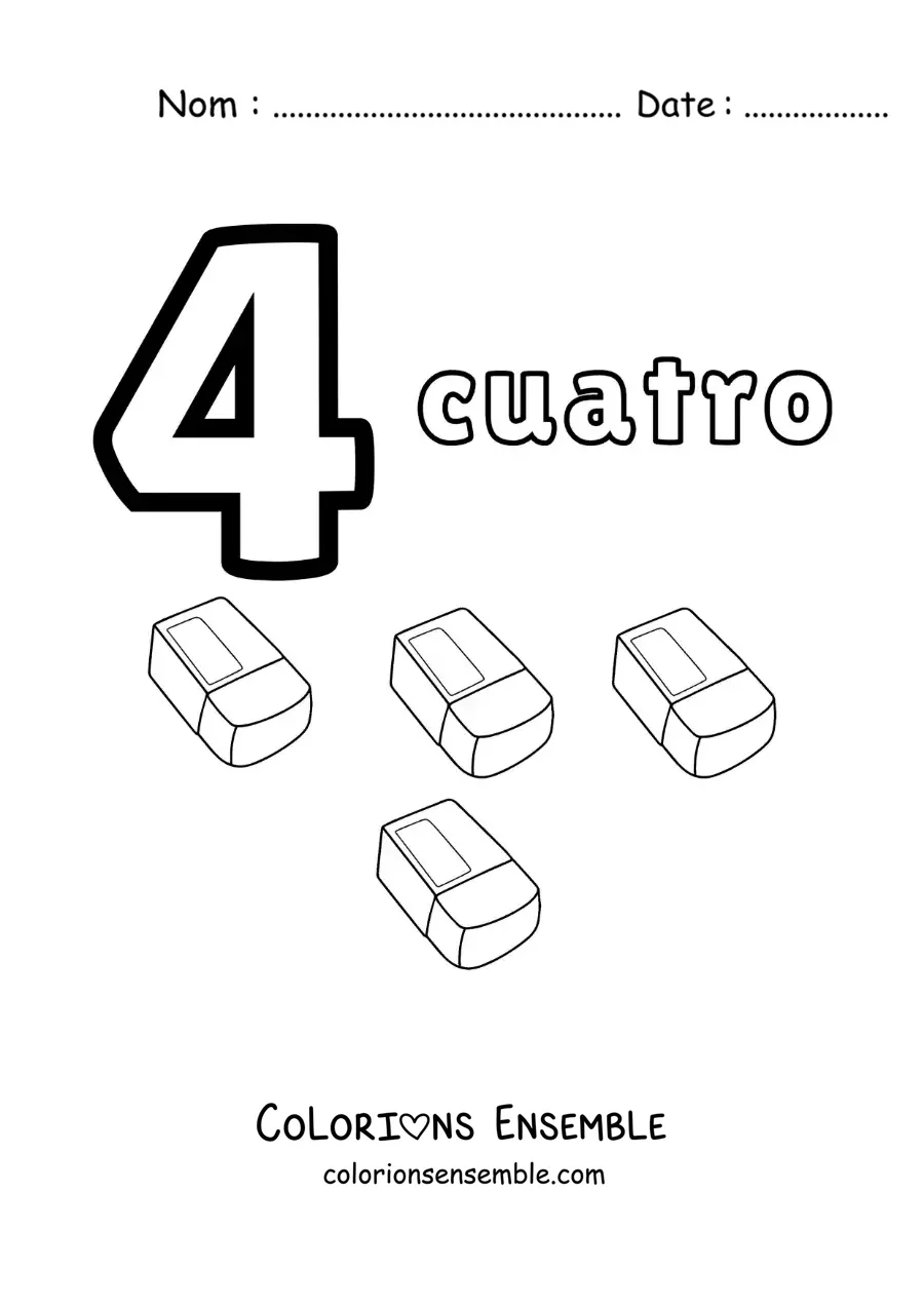 Image a colorier d’une fiche du chiffre 4 pour apprendre a compter avec des dessins amusants