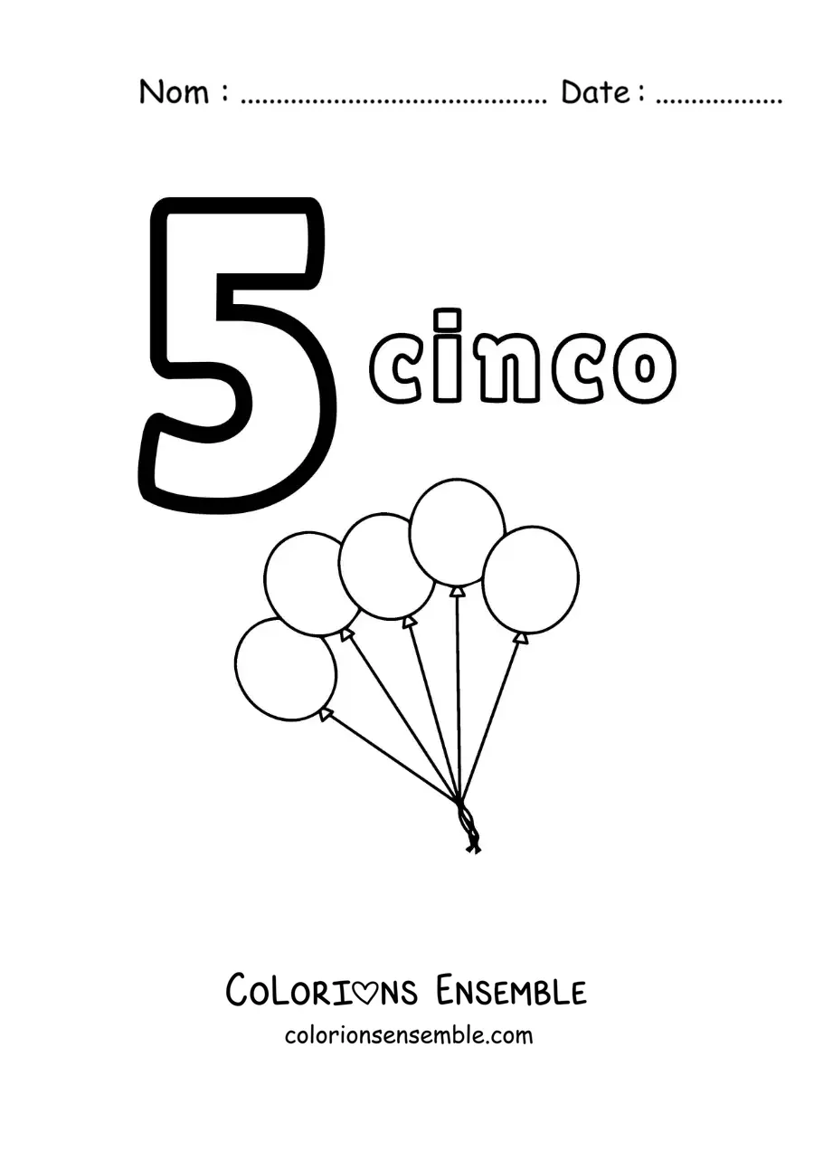 Image a colorier d’une fiche du chiffre 5 pour apprendre a compter avec des dessins amusants