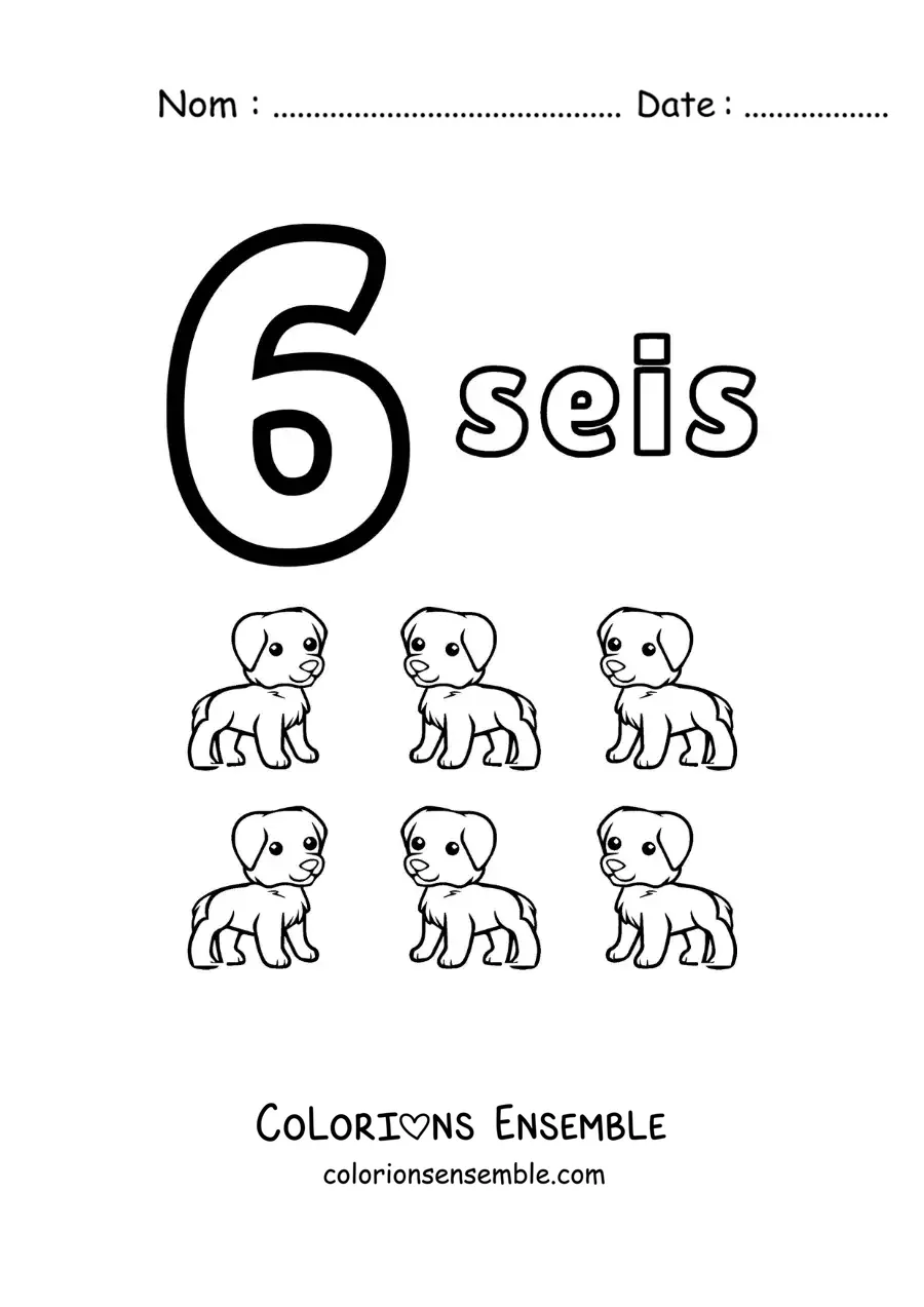 Image a colorier d’une fiche du chiffre 6 pour apprendre a compter avec des dessins amusants