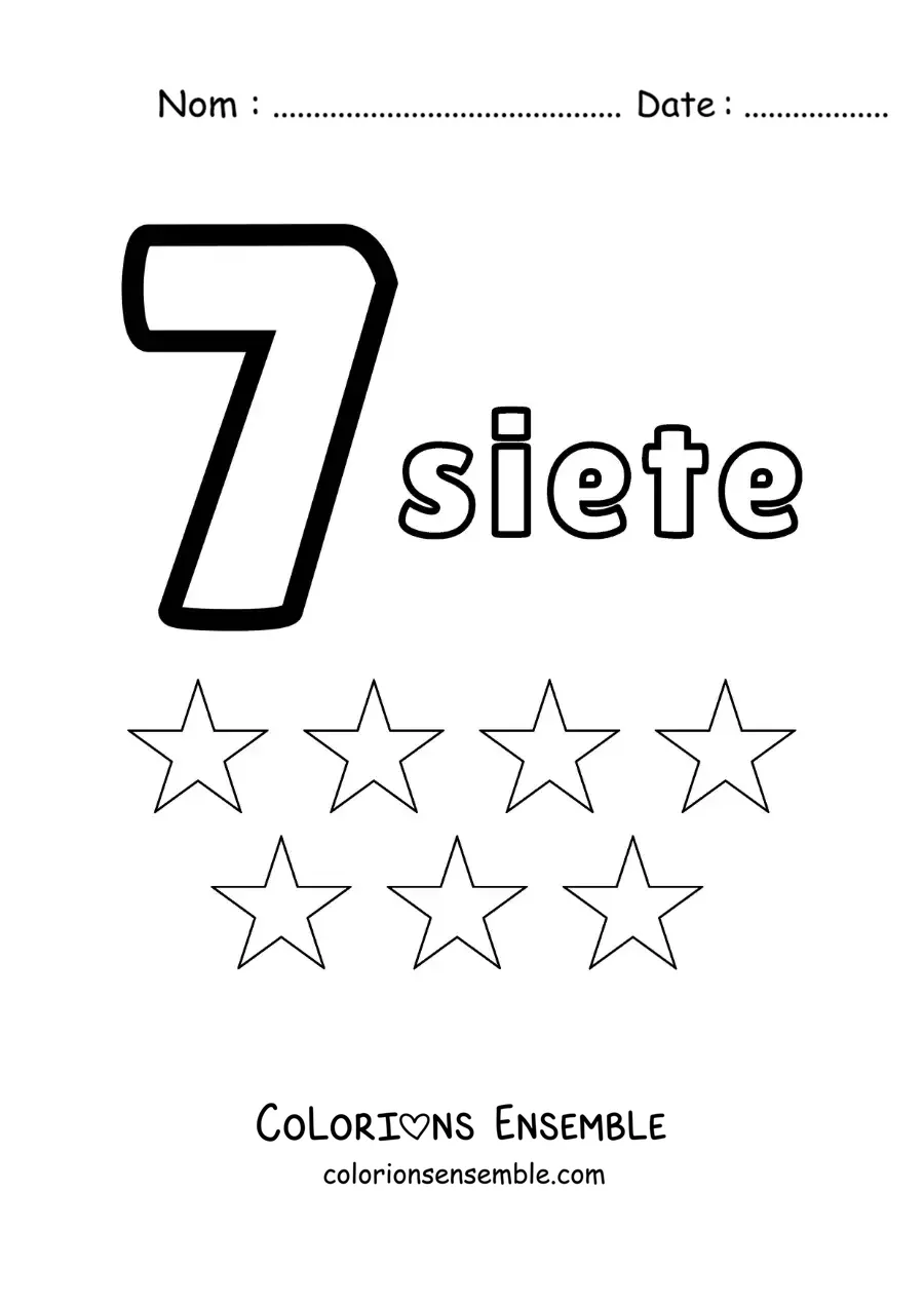 Image a colorier d’une fiche du chiffre 7 pour apprendre a compter avec des dessins amusants