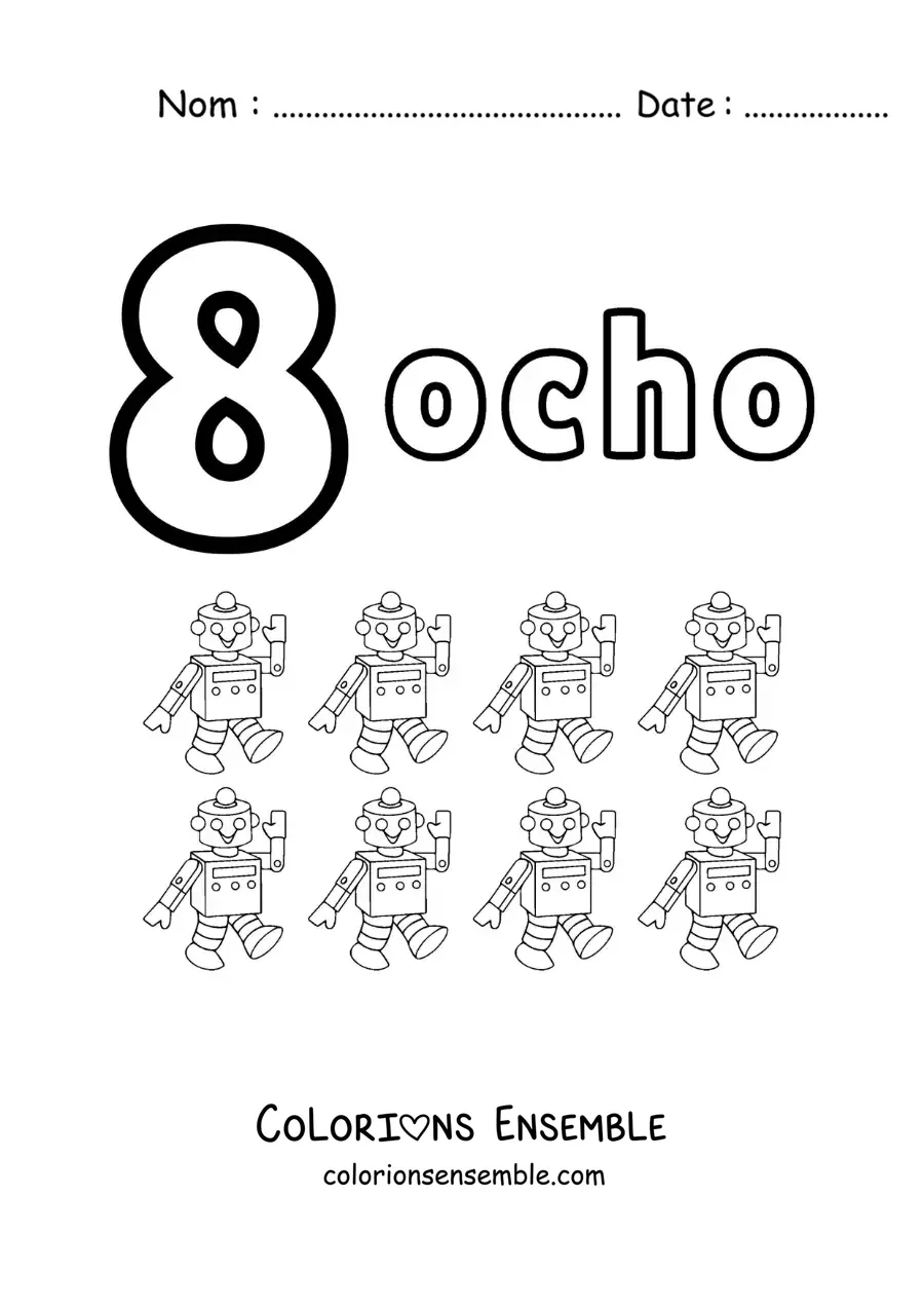 Image a colorier d’une fiche du chiffre 8 pour apprendre a compter avec des dessins amusants
