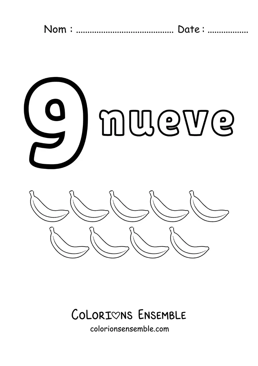 Image a colorier d’une fiche du chiffre 9 pour apprendre a compter avec des dessins amusants