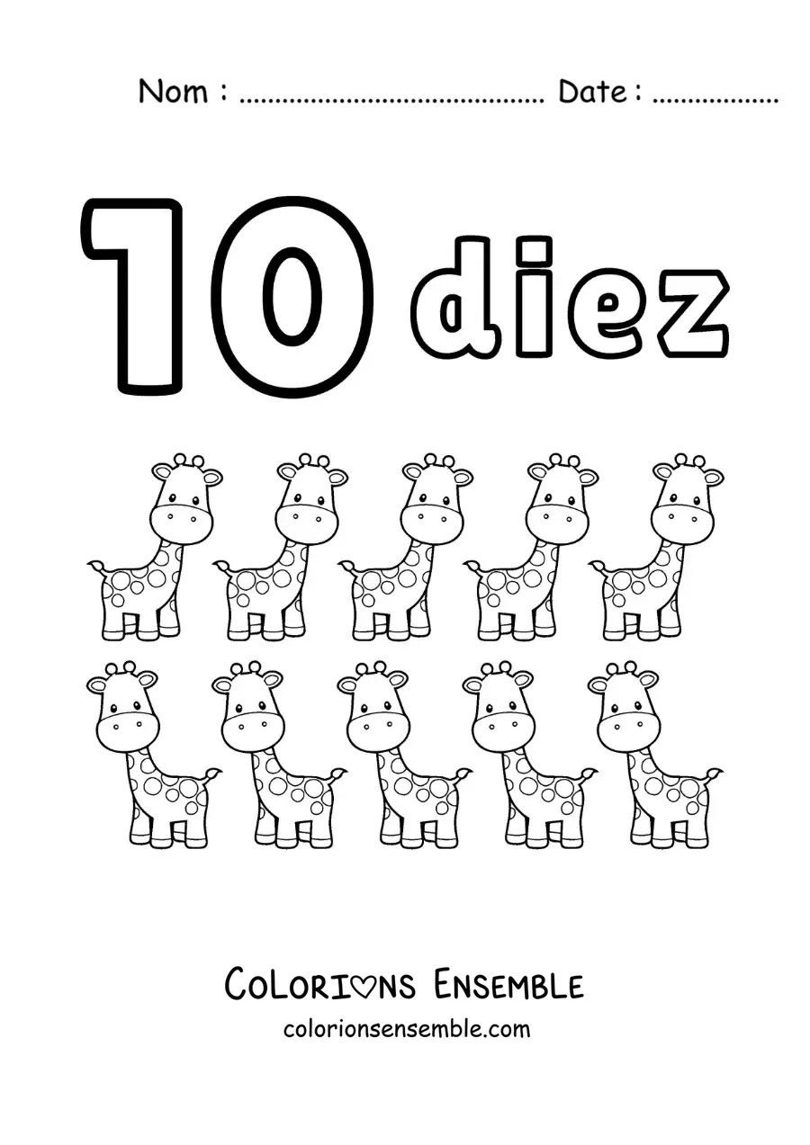 Image a colorier d’une fiche du chiffre 10 pour apprendre a compter avec des dessins amusants