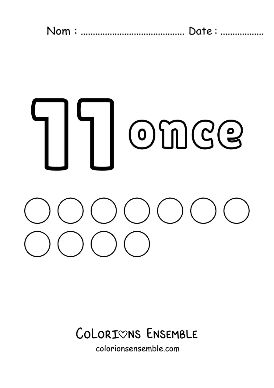 Image a colorier d’une fiche du chiffre 11 pour apprendre a compter avec des dessins amusants